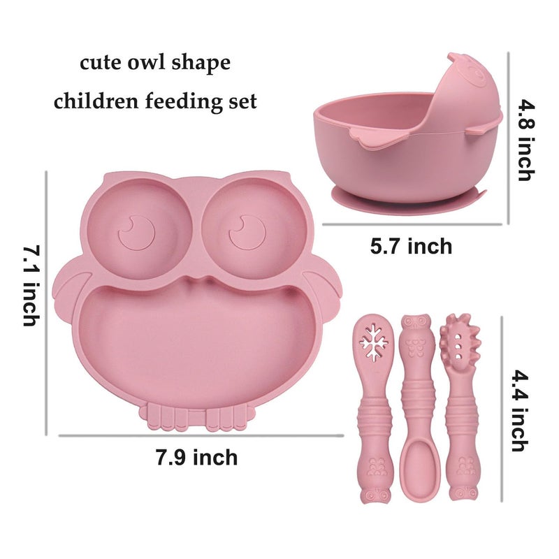 IDVVSSX Owl Shape Silicone Baby Feeding Set, Toddler Suction Plates and Bowls Set with Spoons, Kids Silicone Dinnerware Set Eating Utensils, Pink - Image 2